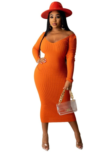 Solid Ribbed Maxi Knitted Dress